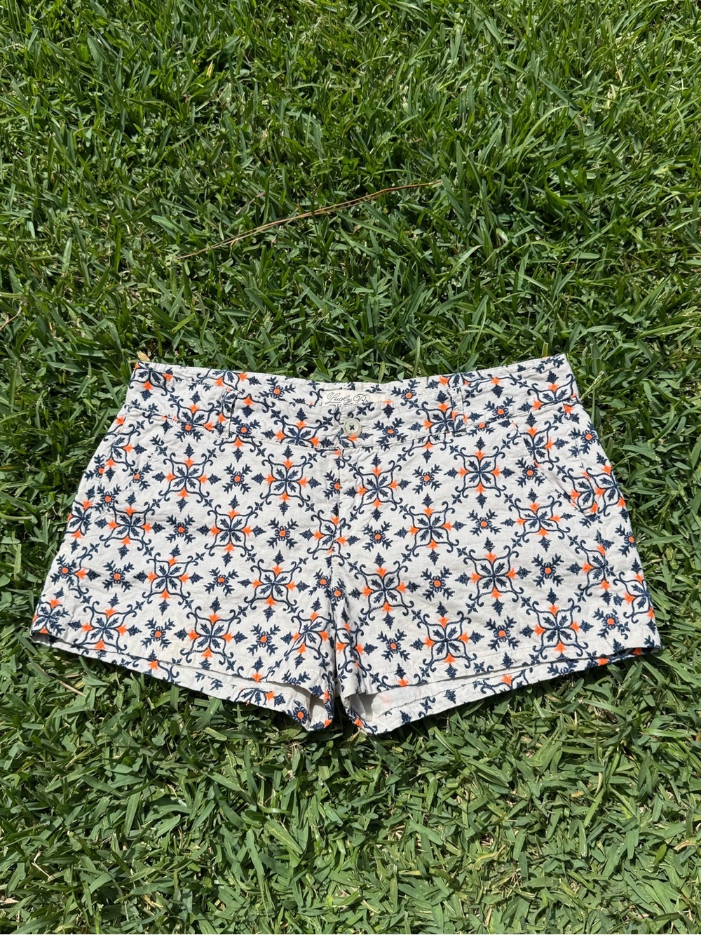 Lucky Brand White Shorts with Navy & Orange Tile Print
